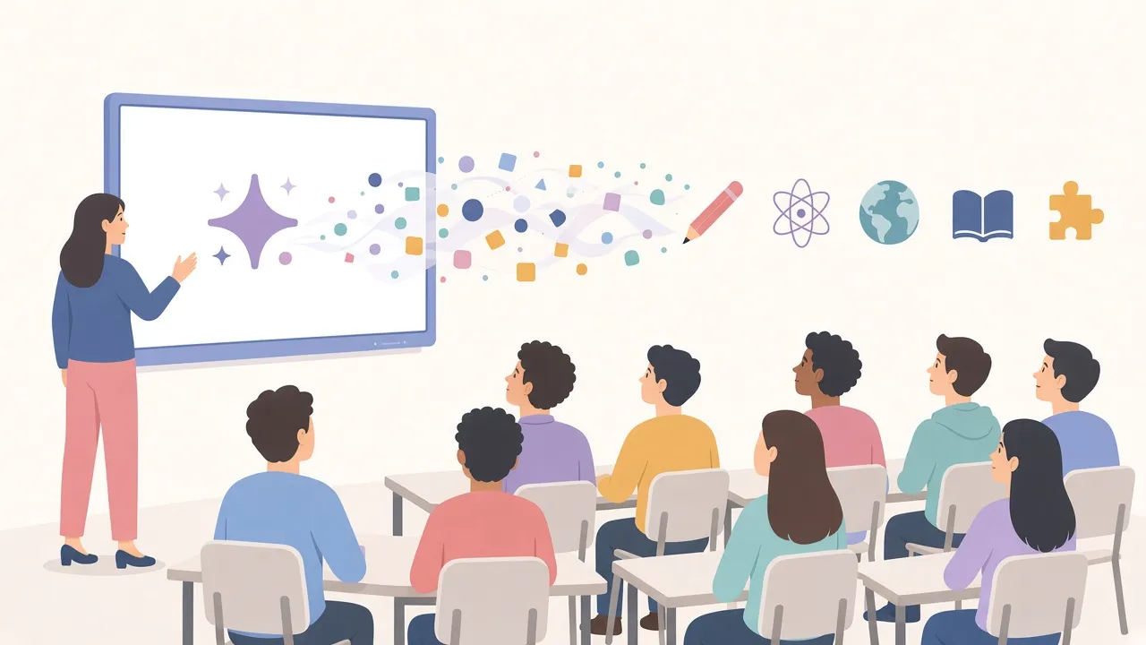 Illustration of a bright classroom with an interactive panel at the front