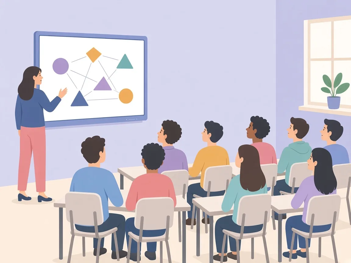 Illustration of a teacher leading a lesson at an interactive panel while students watch from their desks