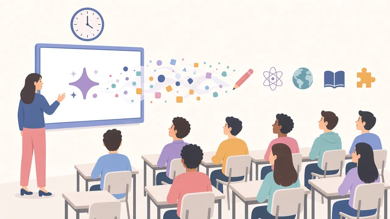 Illustration of a classroom wall clock above a whiteboard