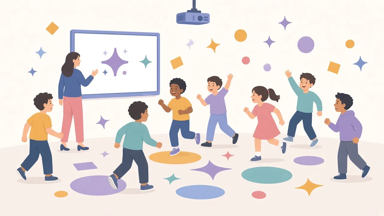 Illustration of students playing a learning game on an interactive floor