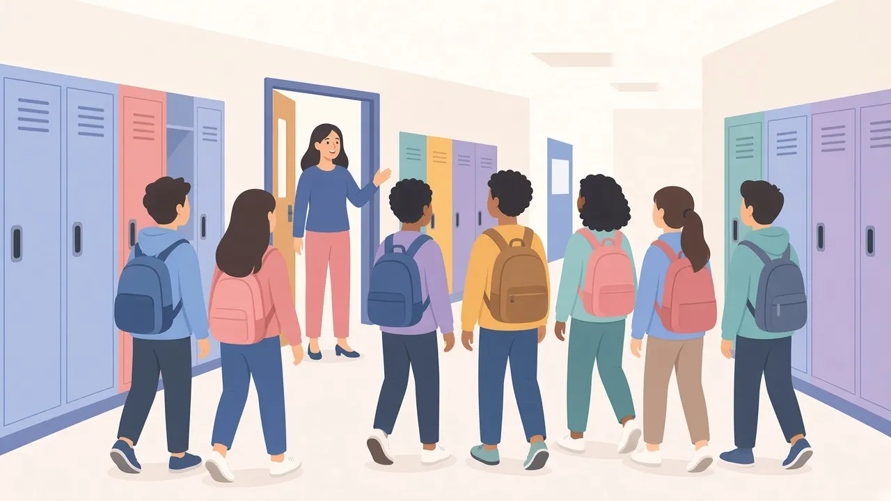 Illustration of a calm school hallway